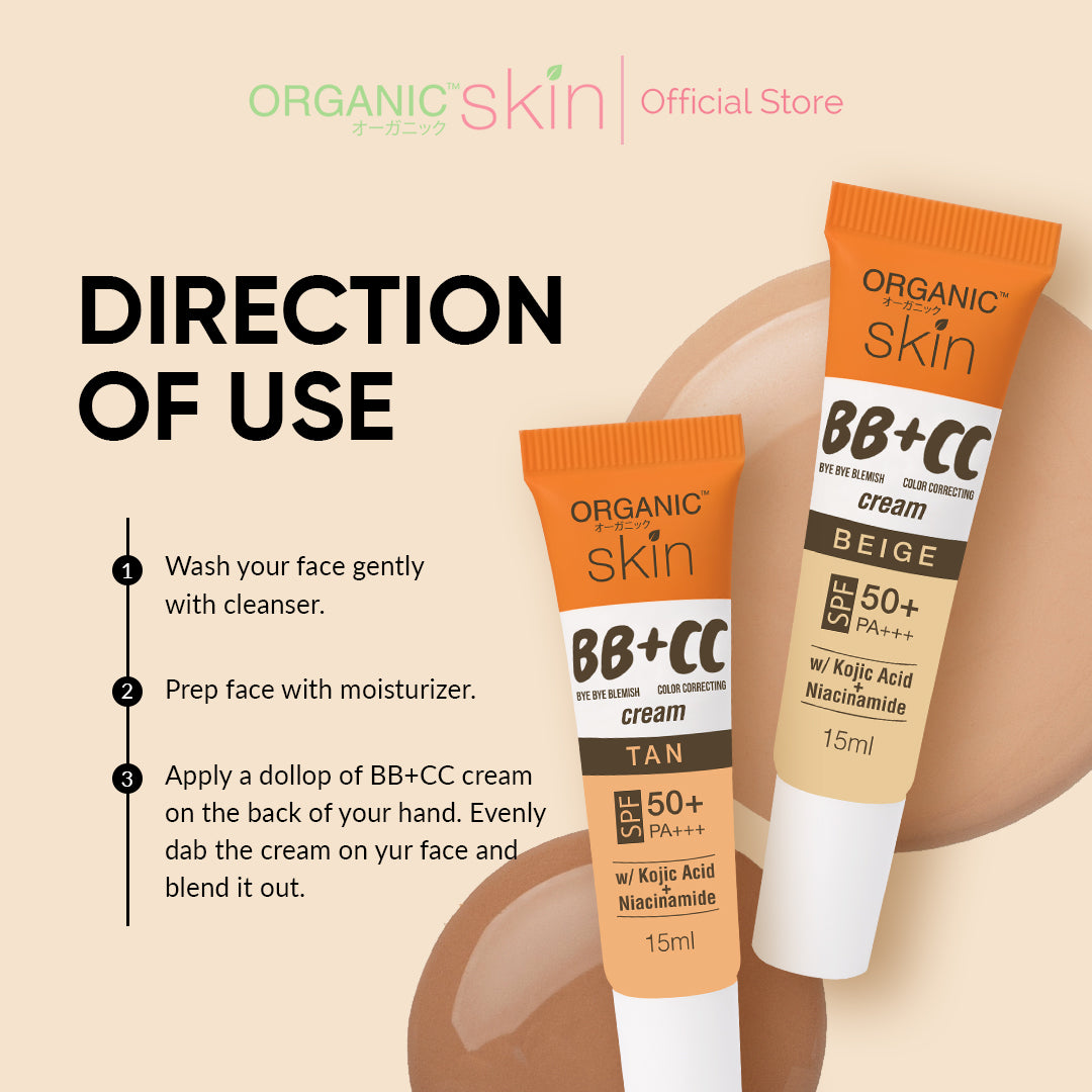 Organic Skin Japan BB+CC Cream Tan SPF 50+ PA+++ 15ml with Kojic Acid and Niacinamide