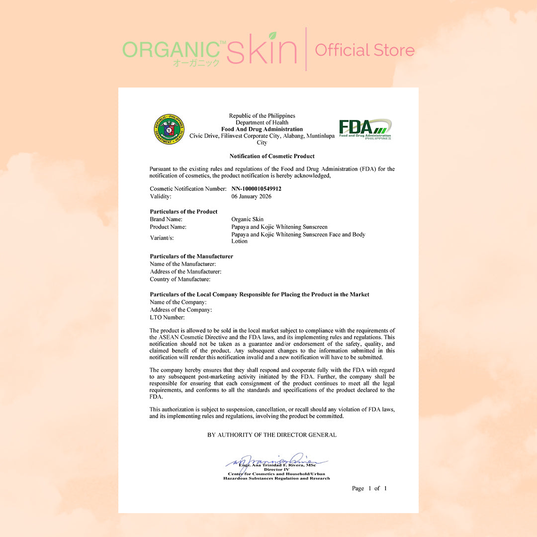 Organic Skin Japan Papaya Kojic Whitening Lotion SPF 50 Sunscreen Face and Body Lotion Skin Care