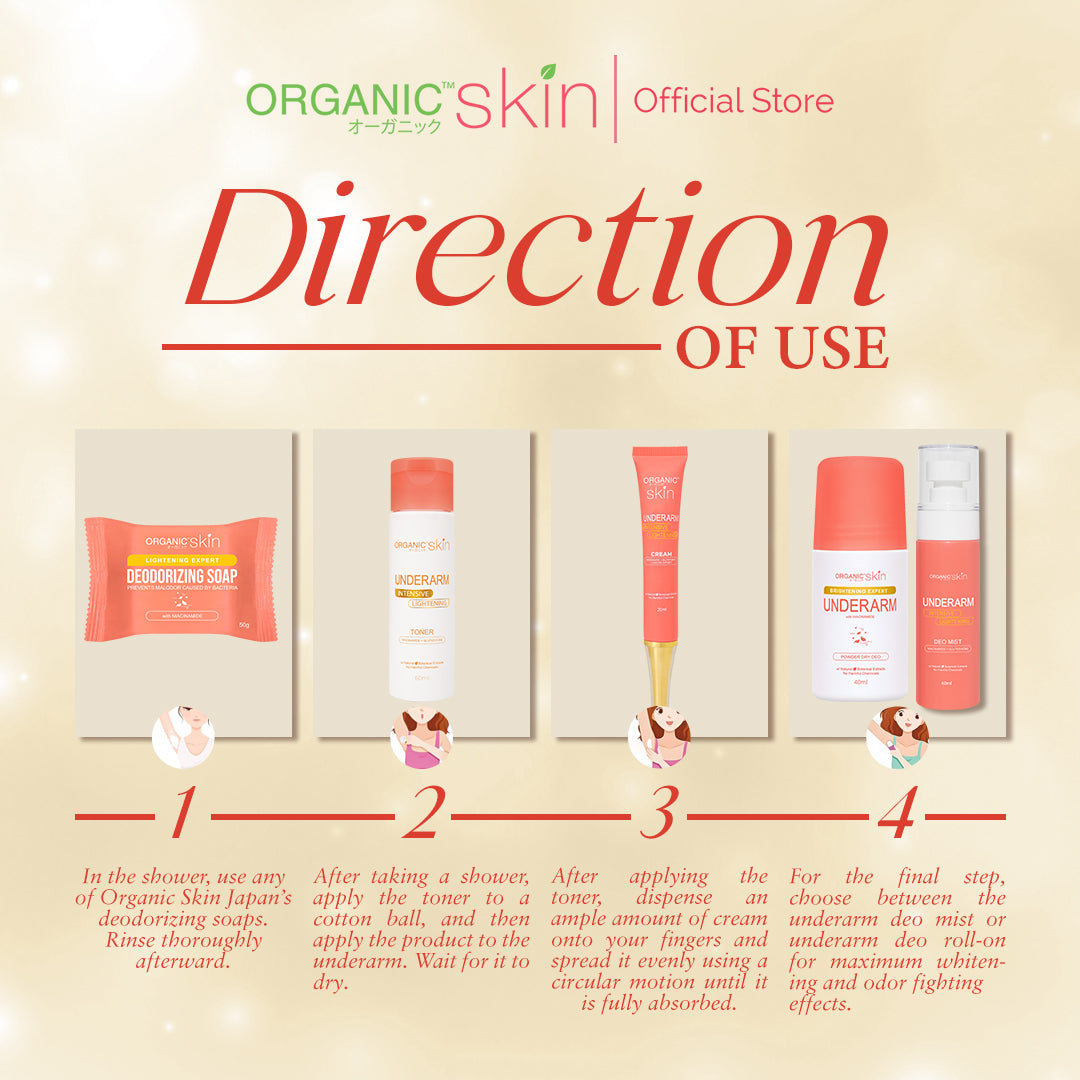 Organic Skin Japan Intensive Whitening Underarm 3-Steps Kit with Under Arm Deodorant Roll on, Cream and Toner