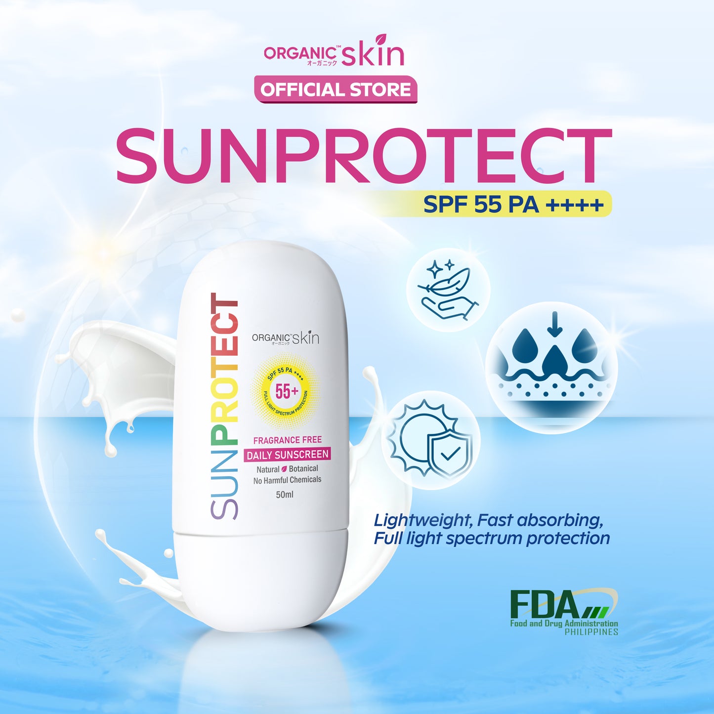 Organic Skin Japan Sun Protect Daily Sunscreen 50ml SPF 55 Sunblock All Skin Type Unscented