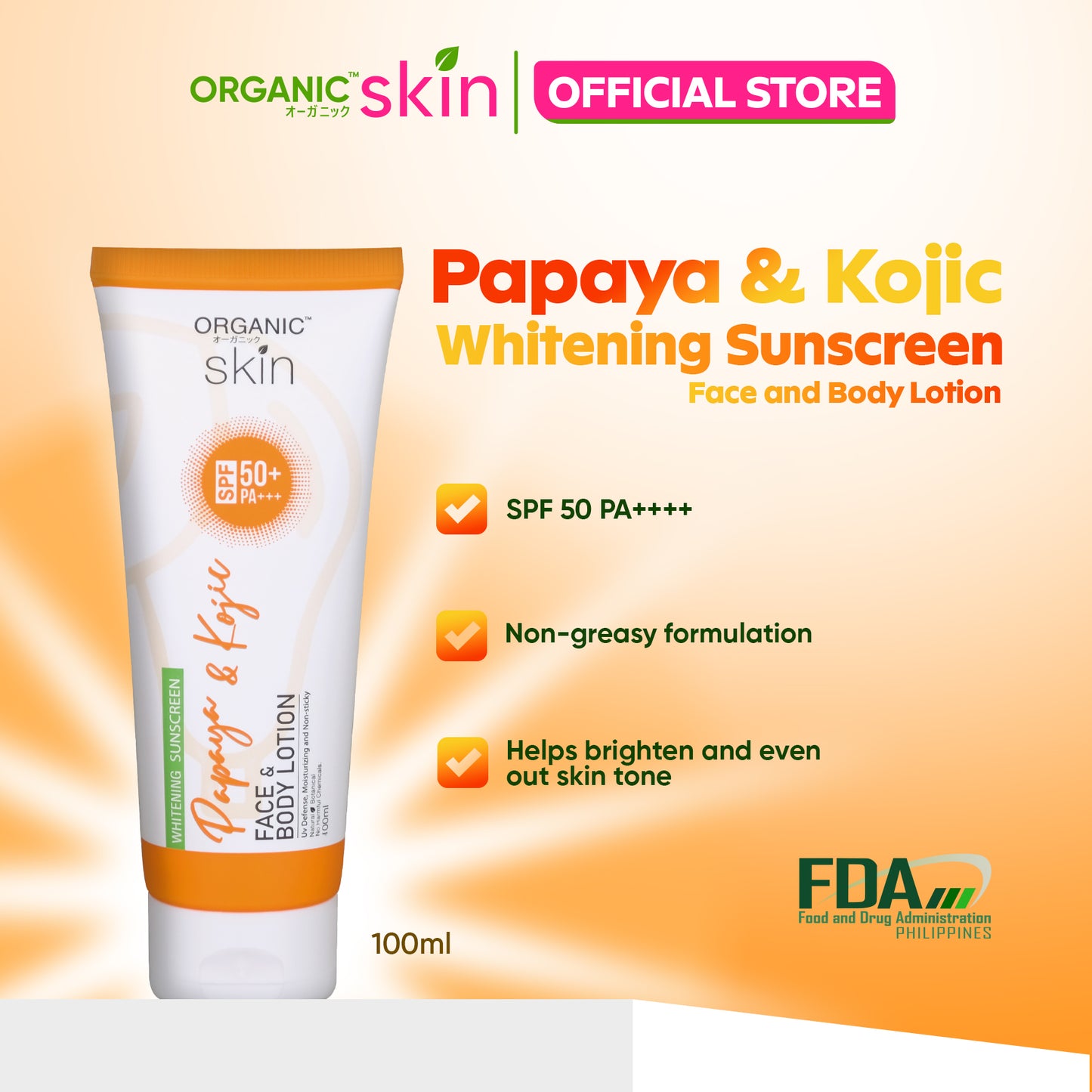 Organic Skin Japan Papaya Kojic Whitening Lotion SPF 50 Sunscreen Face and Body Lotion Skin Care