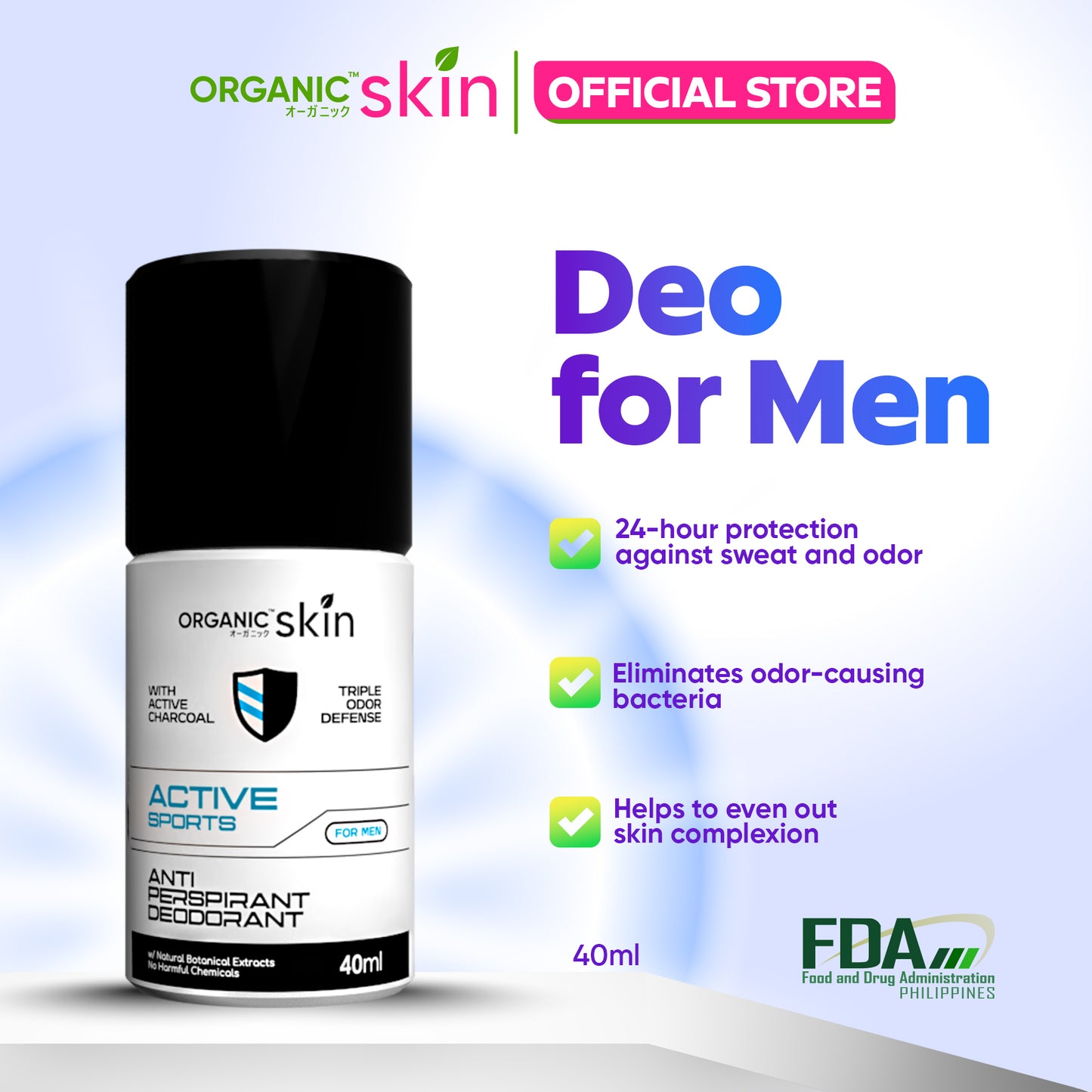 Organic Skin Japan Anti-Perspirant Deodorant For Men 40ml Underarm Whitening Deo Roll On