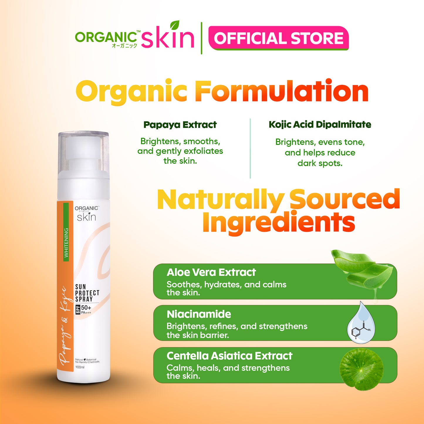 Organic Skin Japan Papaya & Kojic Sunscreen spf50 Sunblock Face and Body Spray Skin Care Set of 2