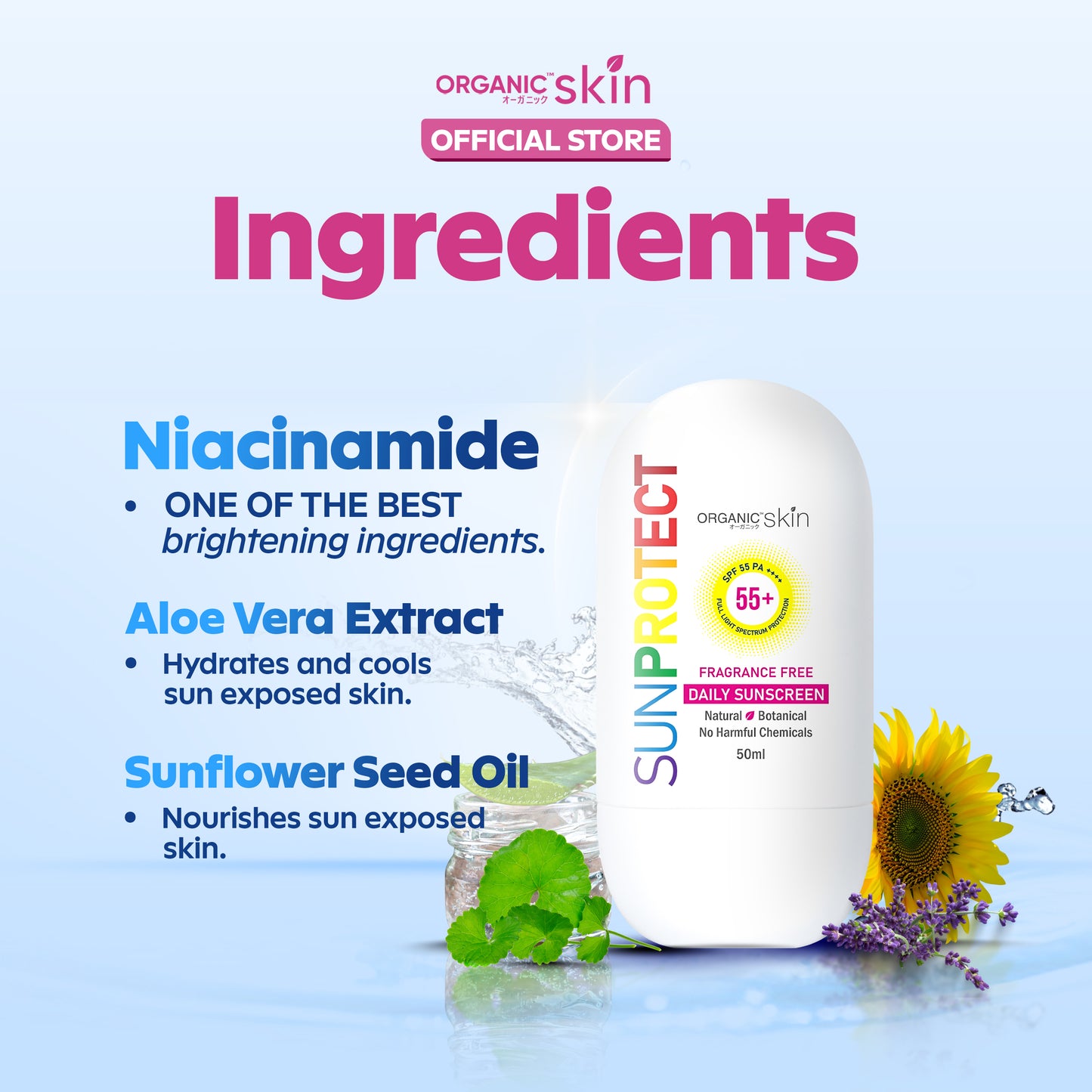 Organic Skin Japan Sun Protect Daily Sunscreen 50ml SPF 55 Sunblock All Skin Type Unscented