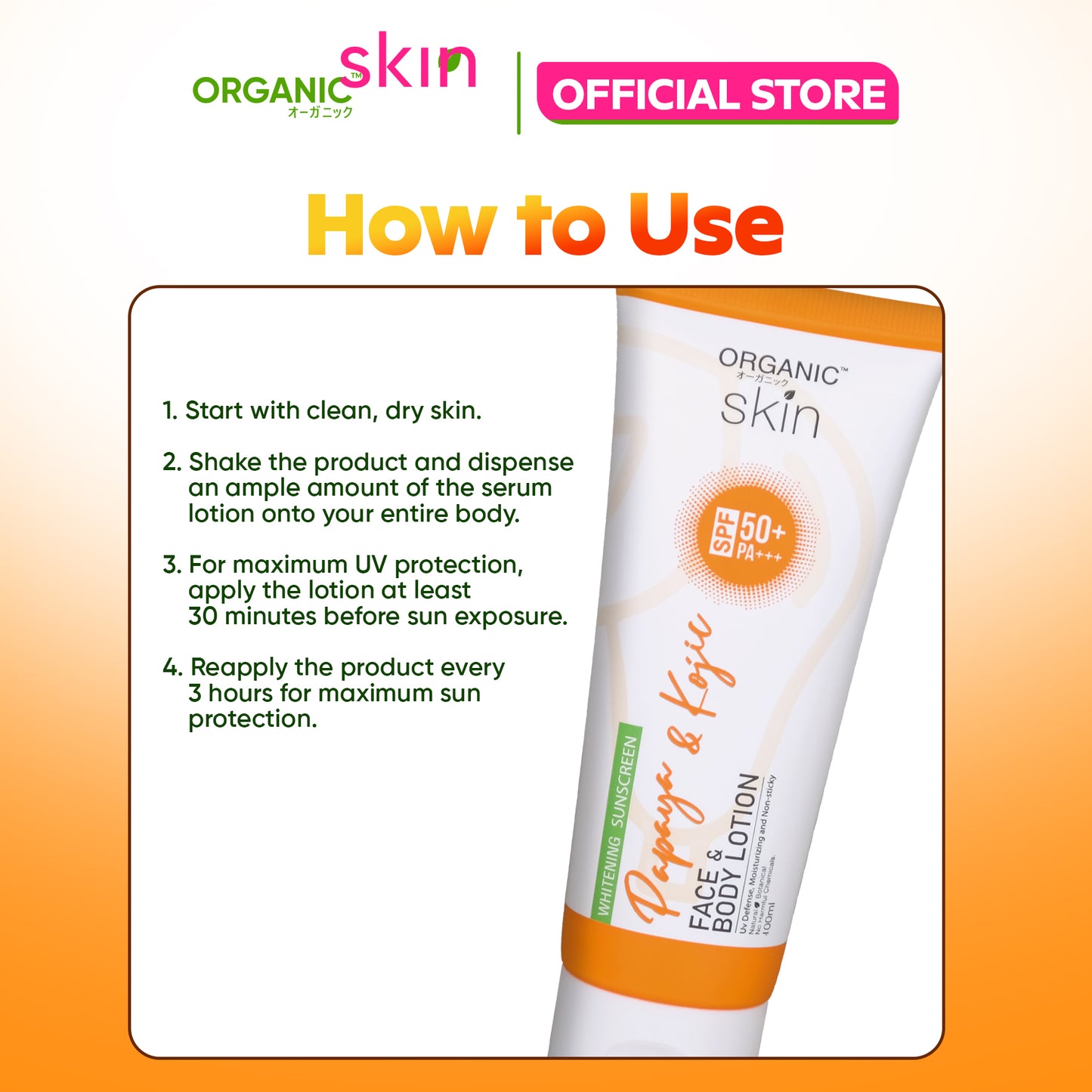 Organic Skin Japan Papaya Kojic Whitening Lotion SPF 50 Sunscreen Face and Body Lotion Skin Care