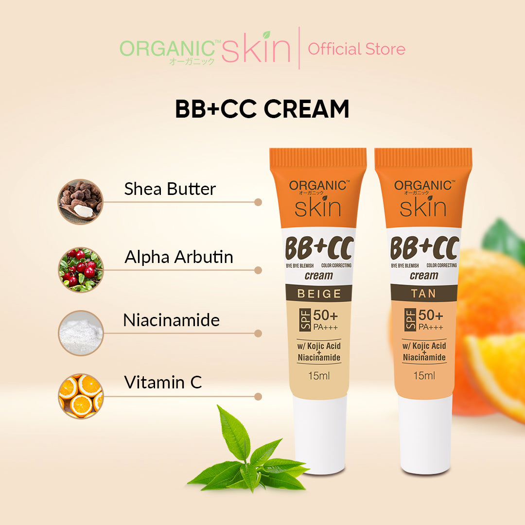 Organic Skin Japan BB+CC Cream Tan SPF 50+ PA+++ 15ml with Kojic Acid and Niacinamide