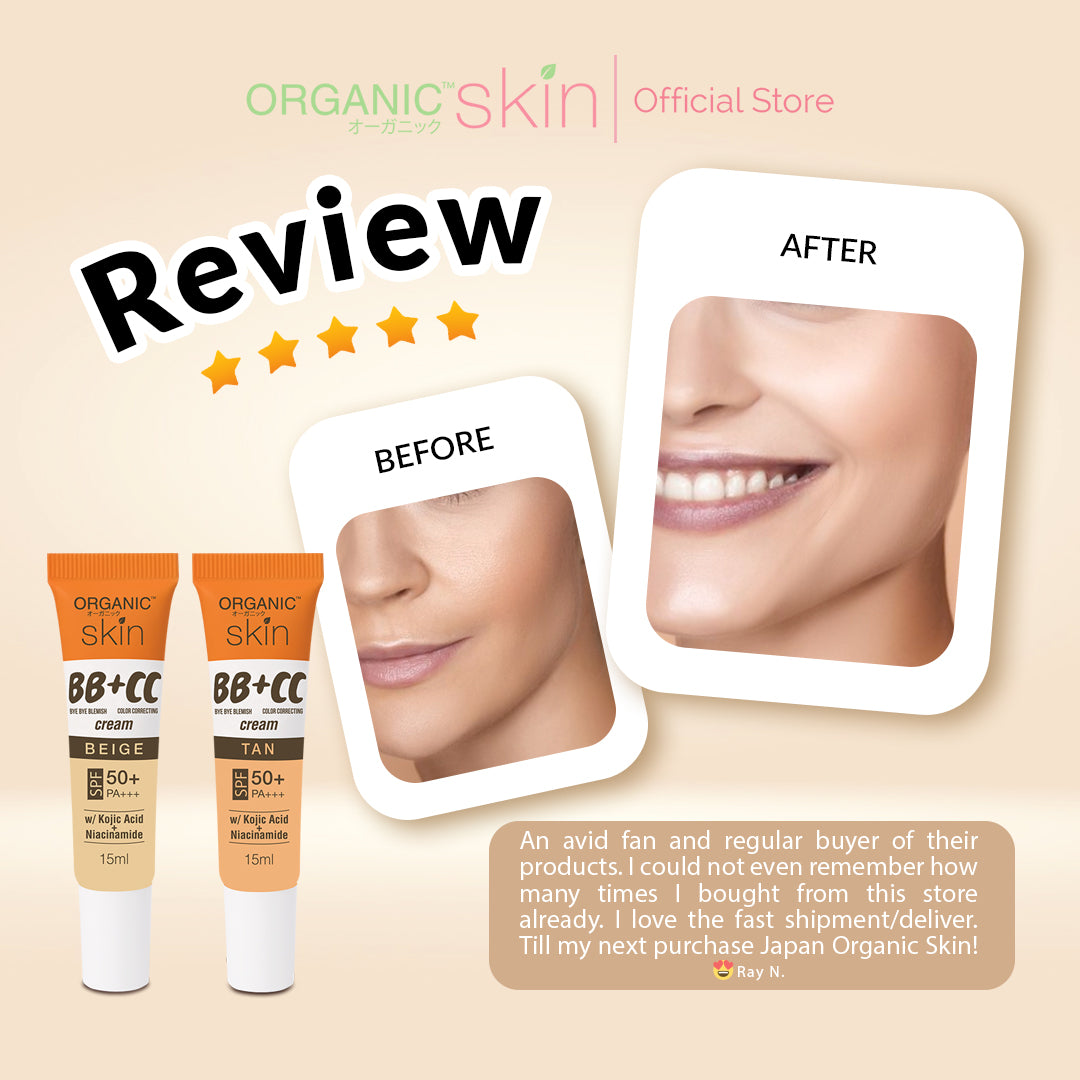 Organic Skin Japan BB+CC Cream Tan SPF 50+ PA+++ 15ml with Kojic Acid and Niacinamide