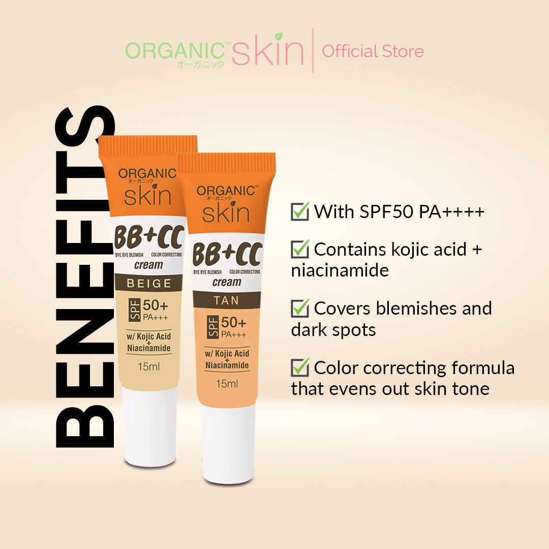 Organic Skin Japan BB+CC Cream Tan SPF 50+ PA+++ 15ml with Kojic Acid and Niacinamide