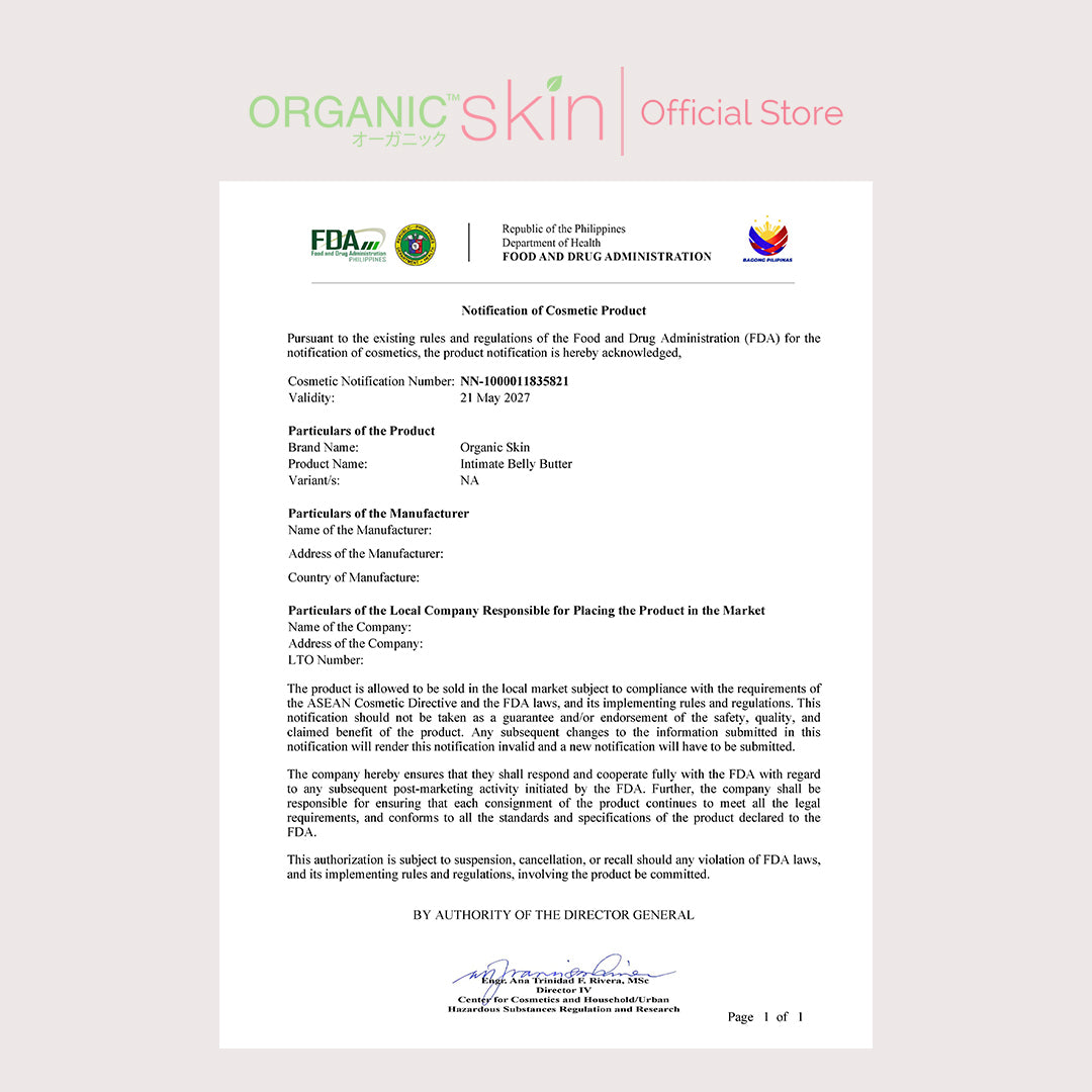 Organic Skin Japan Intimate Belly Butter for Stretch Marks Balm 100ml with Vitamin E & Collagen