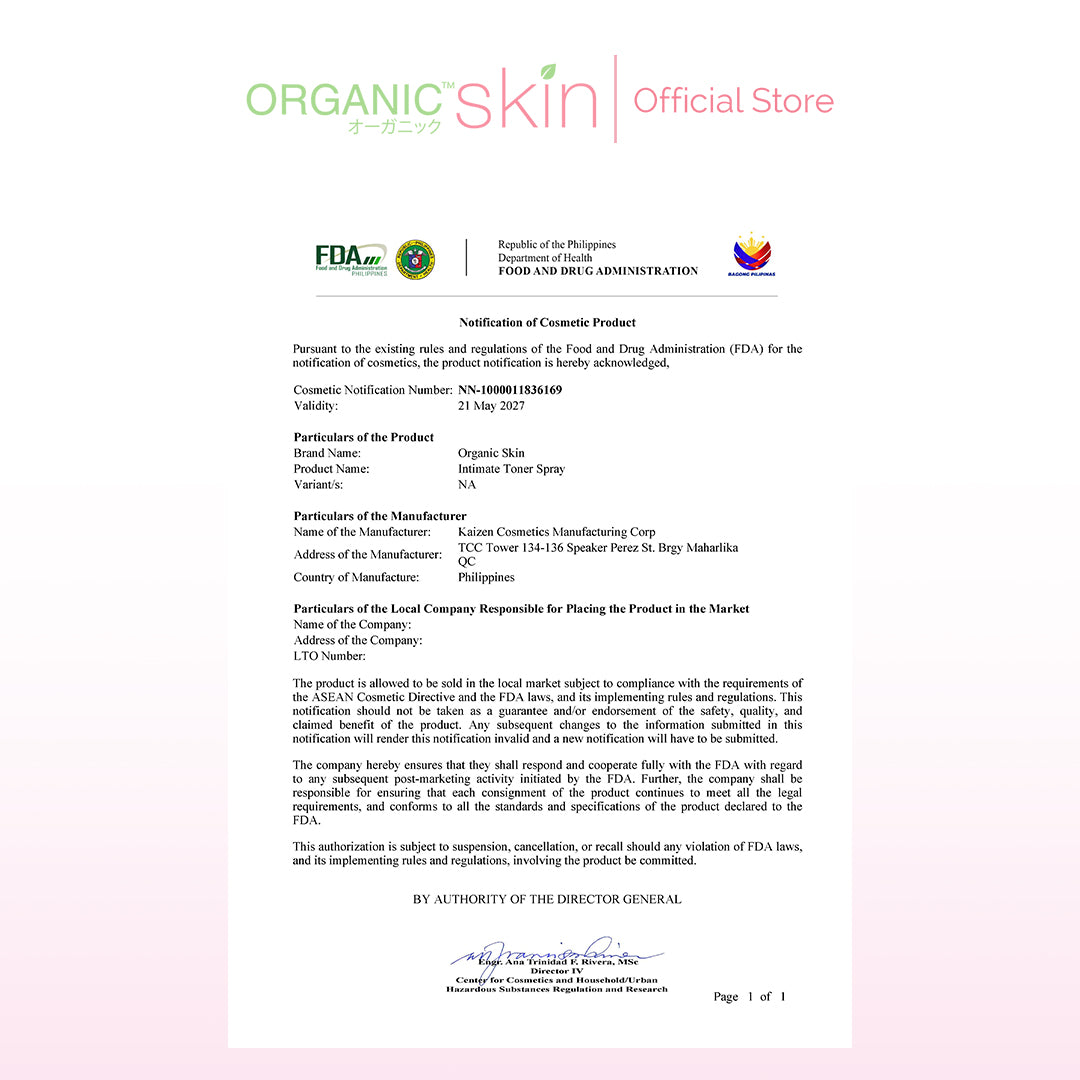Organic Skin Japan Intimate Toner Spray 60ml Intensive Whitening Inner Thigh Area Lightening Toner
