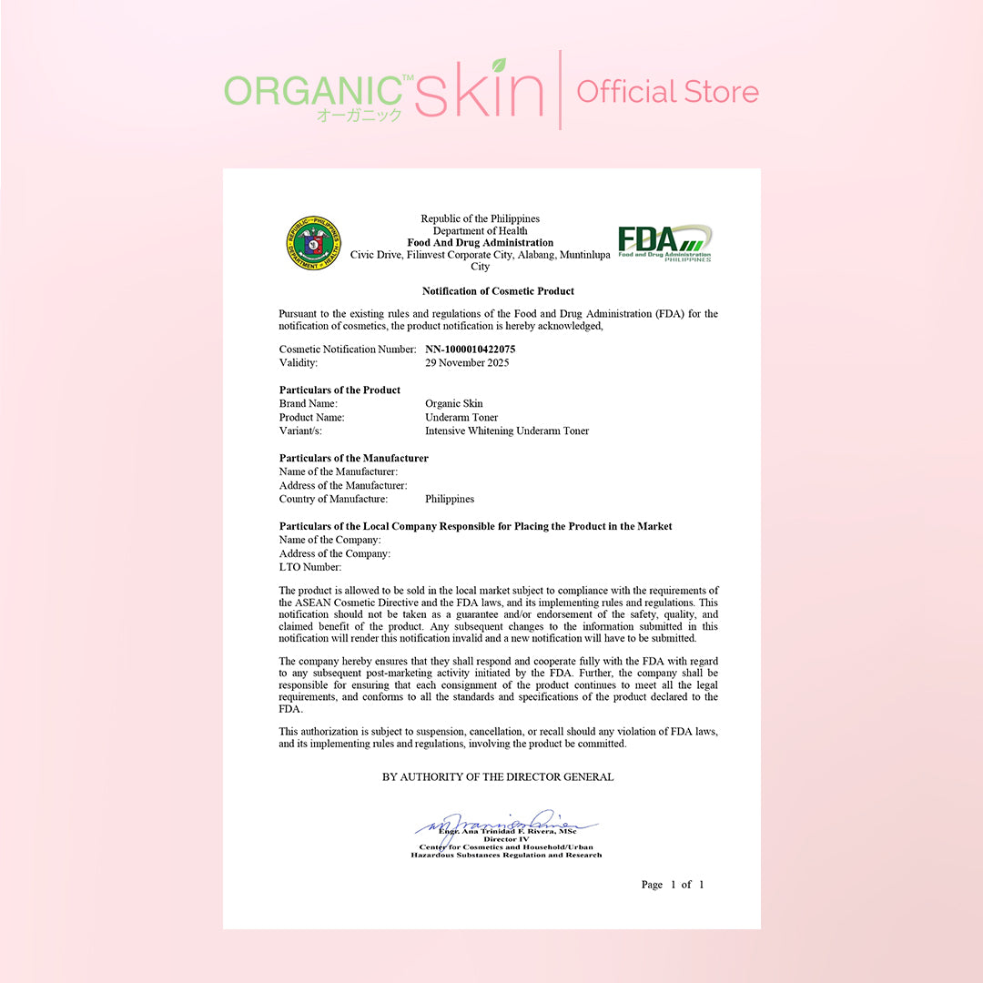 Organic Skin Japan Intensive Whitening Underarm Toner (60ml) with Sunflower Oil Set of 2