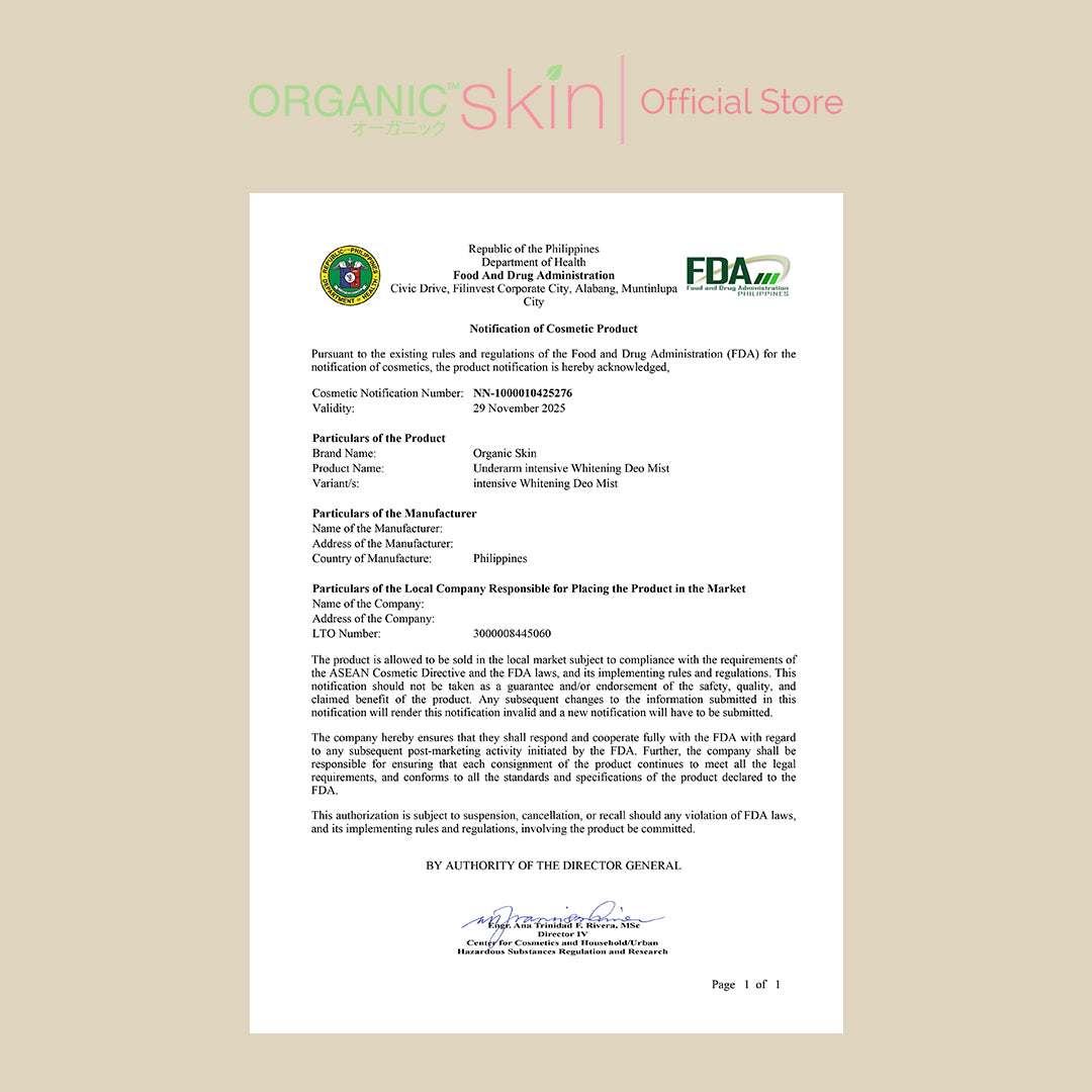 Organic Skin Japan Intensive Whitening Underarm Deo Mist Deodorant Spray (60ml) Set of 2