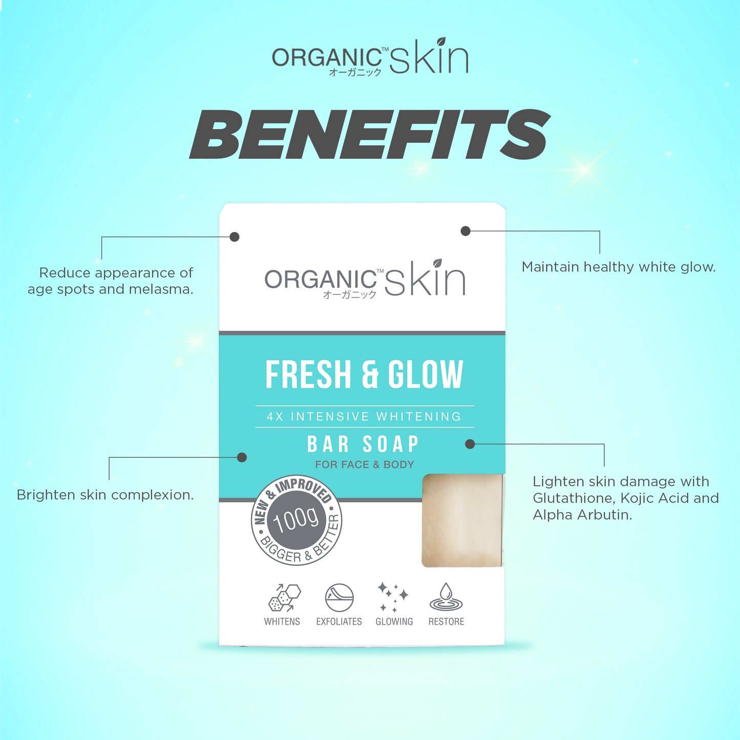 Organic Skin Japan 4x Whitening Soap with Kojic + Vitamin C (set of 4, 100g each)