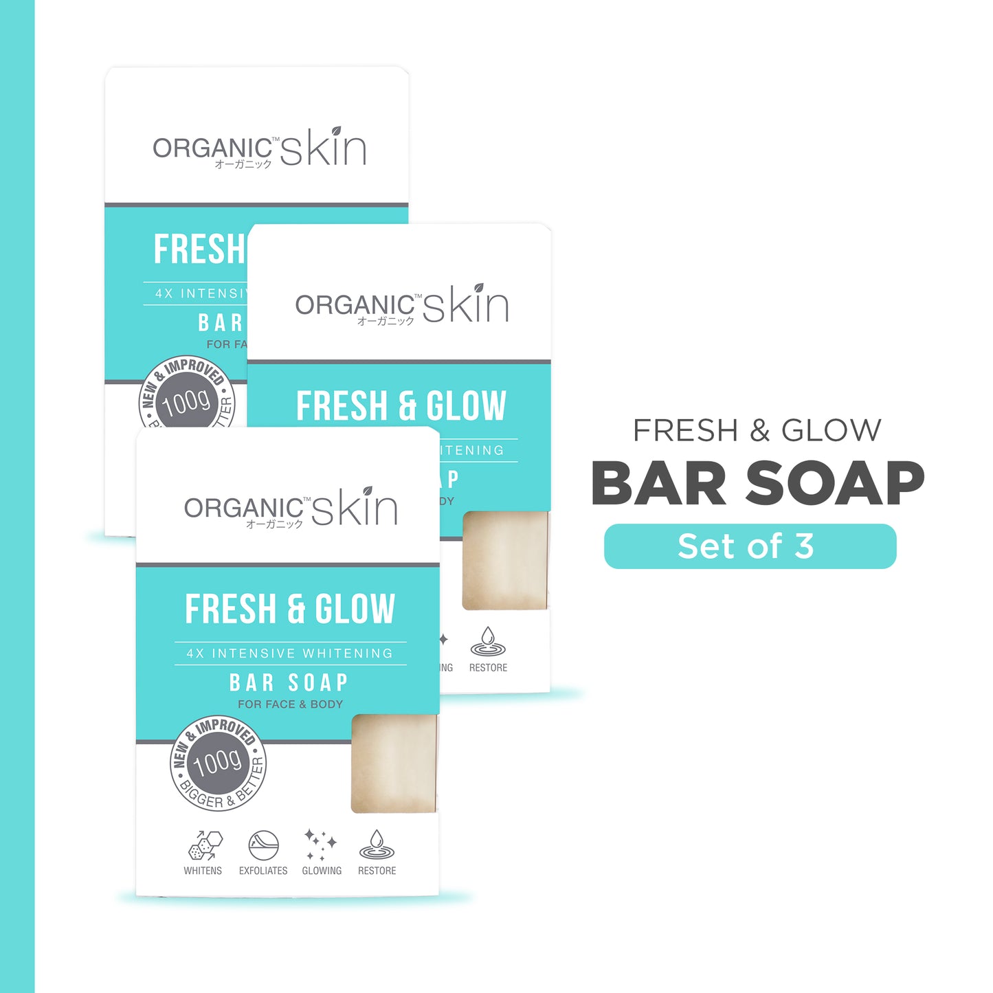 Organic Skin Japan 4x Whitening Soap with Kojic + Vitamin C (set of 3, 100g each)