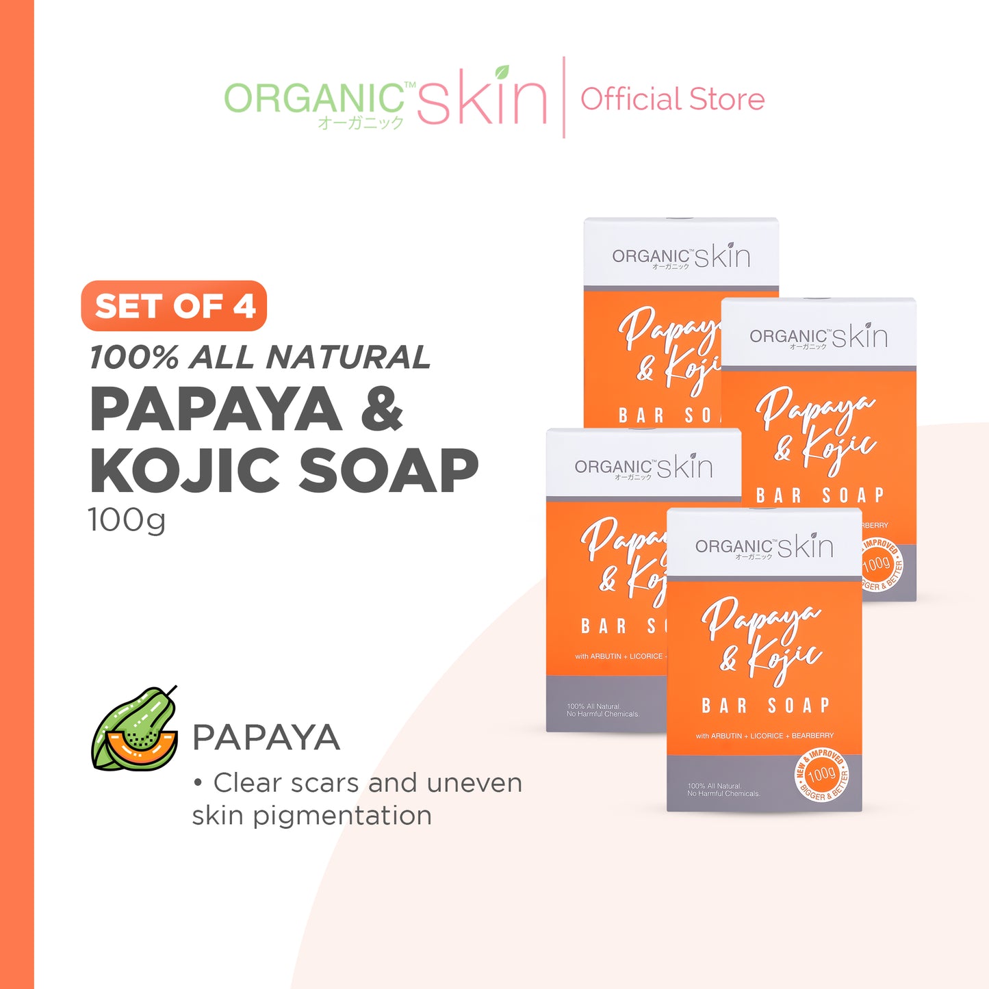 Organic Skin Japan Papaya & Kojic Whitening Soap with Arbutin (set of 4, 100g each)